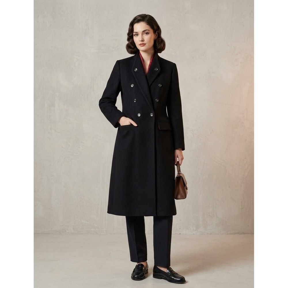 Aquamates Wool Overcoat Women Small Black Double Breasted Long Trench Coat